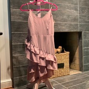 Pink ruffled dress, white star designs, size medium